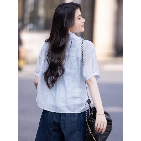 BY11838# 假两件浅短袖衬衫女夏新款背心叠穿两件套 服裝批發女裝批發服飾貨源