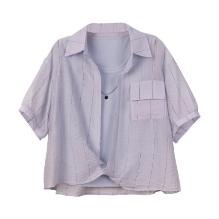 BY11838# 假两件浅短袖衬衫女夏新款背心叠穿两件套 服裝批發女裝批發服飾貨源