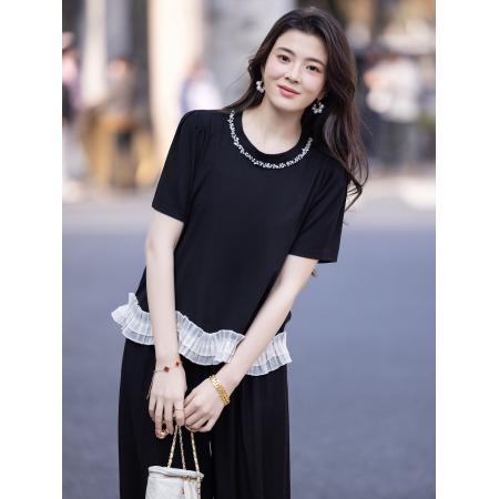 BY11839# 女装重工荷叶下摆气质小衫夏装新品宽松显瘦上衣 服裝批發女裝批發服飾貨源