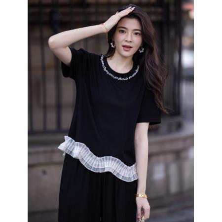 BY11839# 女装重工荷叶下摆气质小衫夏装新品宽松显瘦上衣 服裝批發女裝批發服飾貨源