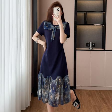 BY11840# 轻奢高级感法式气质碎花拼接连衣裙夏圆领显瘦大码T恤长裙 服裝批發女裝批發服飾貨源