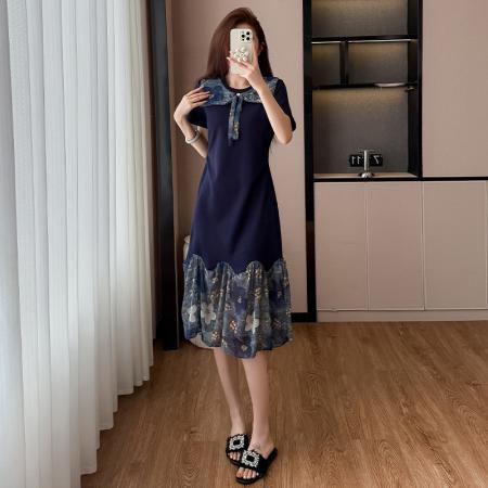 BY11840# 轻奢高级感法式气质碎花拼接连衣裙夏圆领显瘦大码T恤长裙 服裝批發女裝批發服飾貨源