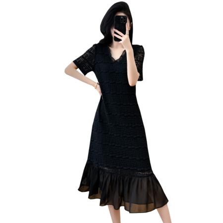 BY11841# 高端轻奢蕾丝肌理感连衣裙女夏大码法式优雅气质v领超显瘦小黑裙 服裝批發女裝批發服飾貨源