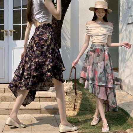 BY11842# 复古雪纺半身裙女高腰显瘦不规则中长荷叶边裙飘逸鱼尾仙女裙 服裝批發女裝批發服飾貨源