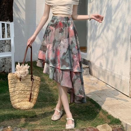 BY11842# 复古雪纺半身裙女高腰显瘦不规则中长荷叶边裙飘逸鱼尾仙女裙 服裝批發女裝批發服飾貨源