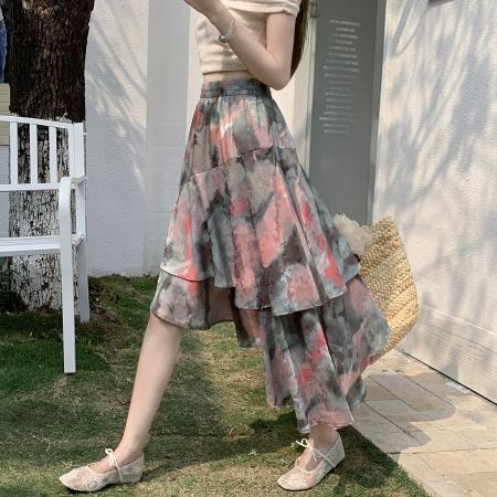 BY11842# 复古雪纺半身裙女高腰显瘦不规则中长荷叶边裙飘逸鱼尾仙女裙 服裝批發女裝批發服飾貨源