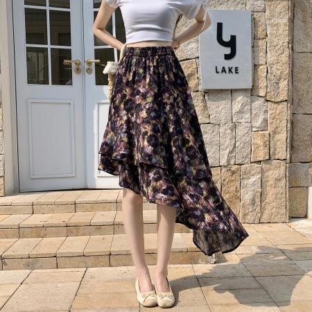 BY11842# 复古雪纺半身裙女高腰显瘦不规则中长荷叶边裙飘逸鱼尾仙女裙 服裝批發女裝批發服飾貨源