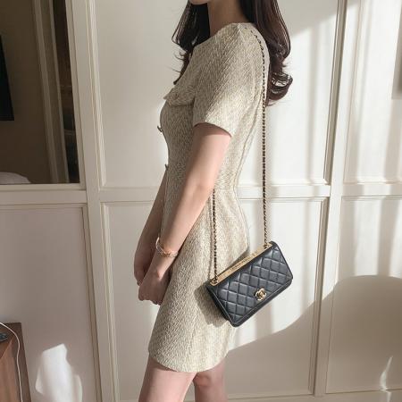 BY11844# 春季新款小香风短袖圆领收腰包臀中长裙修身职业OL通勤连衣裙 服裝批發女裝批發服飾貨源