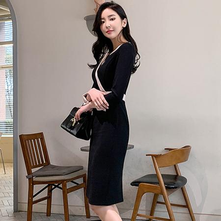 BY11846# 韩国风茶艺师气质知性包臀裙春装新款足浴技师撞色连衣裙女 服裝批發女裝批發服飾貨源