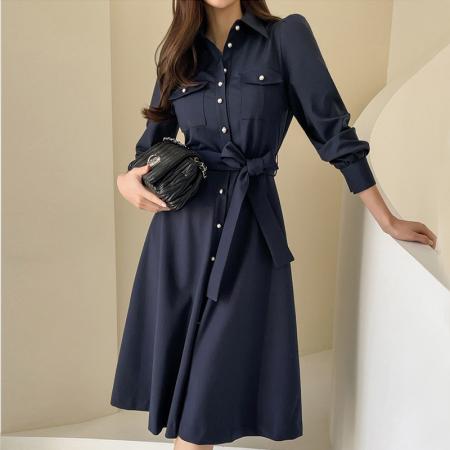 BY11847# 春秋季新款小个子连衣裙女设计感小众收腰系带显瘦气质长裙子 服裝批發女裝批發服飾貨源