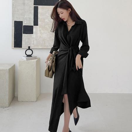 BY11849# 韩国风气质连衣裙女春秋季时尚修身收腰通勤黑色长款衬衣裙 服裝批發女裝批發服飾貨源