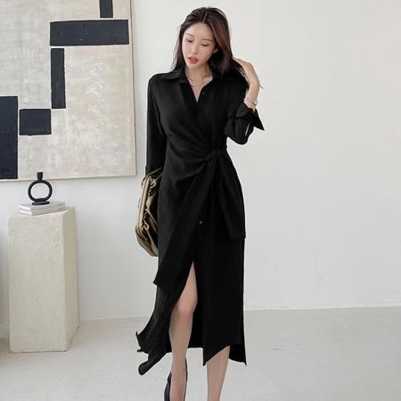BY11849# 韩国风气质连衣裙女春秋季时尚修身收腰通勤黑色长款衬衣裙 服裝批發女裝批發服飾貨源