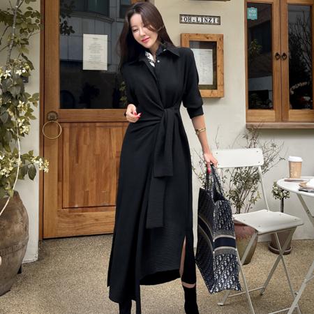 BY11849# 韩国风气质连衣裙女春秋季时尚修身收腰通勤黑色长款衬衣裙 服裝批發女裝批發服飾貨源
