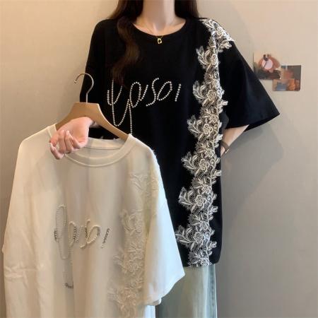 BY11851# 大码女装夏季短袖显瘦减龄订珠蕾丝拼接气质中长款短袖T恤 服裝批發女裝批發服飾貨源