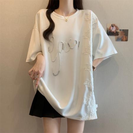BY11851# 大码女装夏季短袖显瘦减龄订珠蕾丝拼接气质中长款短袖T恤 服裝批發女裝批發服飾貨源