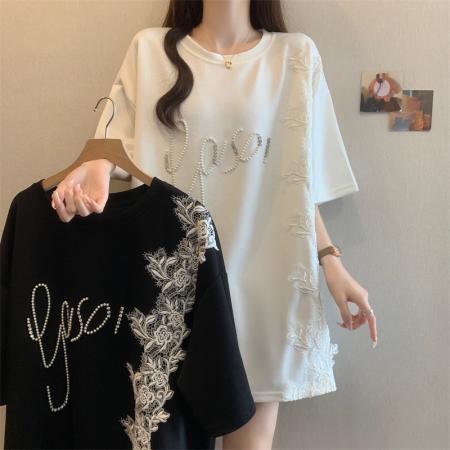 BY11851# 大码女装夏季短袖显瘦减龄订珠蕾丝拼接气质中长款短袖T恤 服裝批發女裝批發服飾貨源