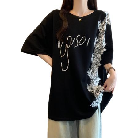BY11851# 大码女装夏季短袖显瘦减龄订珠蕾丝拼接气质中长款短袖T恤 服裝批發女裝批發服飾貨源