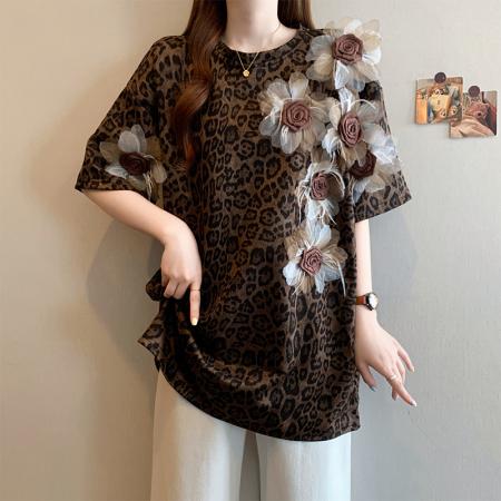 BY11852# 夏季新款大码时尚宽松显瘦遮肉立体花朵豹纹设计T恤上衣 服裝批發女裝批發服飾貨源