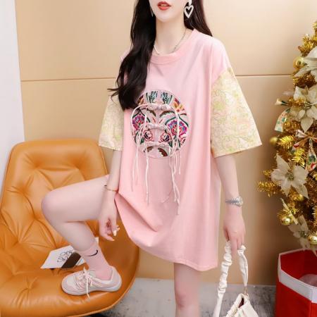 BY11855# 夏纯棉大码重工刺绣拼色短袖T恤女 服裝批發女裝批發服飾貨源