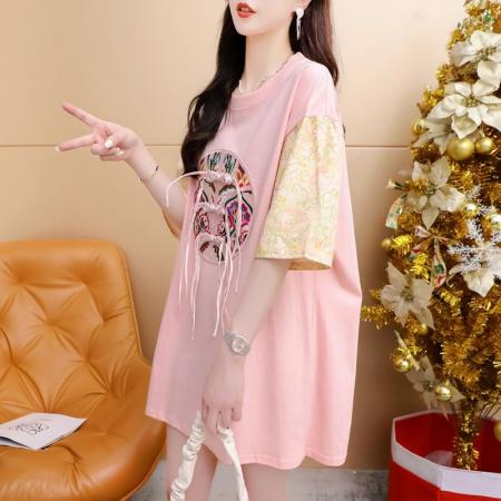 BY11855# 夏纯棉大码重工刺绣拼色短袖T恤女 服裝批發女裝批發服飾貨源