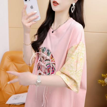 BY11855# 夏纯棉大码重工刺绣拼色短袖T恤女 服裝批發女裝批發服飾貨源