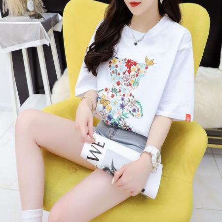 BY11856# 夏季纯棉大码重工刺绣小众正肩短袖T恤女 服裝批發女裝批發服飾貨源