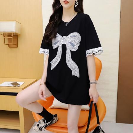 BY11858# 夏季潮牌棉大码重工刺绣钉珠蝴蝶结短袖T恤女 服裝批發女裝批發服飾貨源