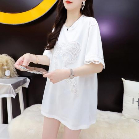 BY11858# 夏季潮牌棉大码重工刺绣钉珠蝴蝶结短袖T恤女 服裝批發女裝批發服飾貨源