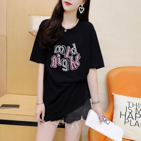 BY11859# 夏季潮牌棉大码重工刺绣钉珠短袖T恤女 服裝批發女裝批發服飾貨源