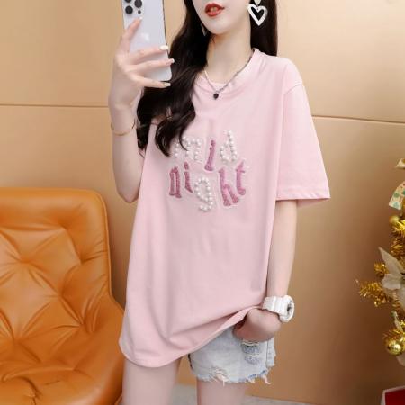 BY11859# 夏季潮牌棉大码重工刺绣钉珠短袖T恤女 服裝批發女裝批發服飾貨源