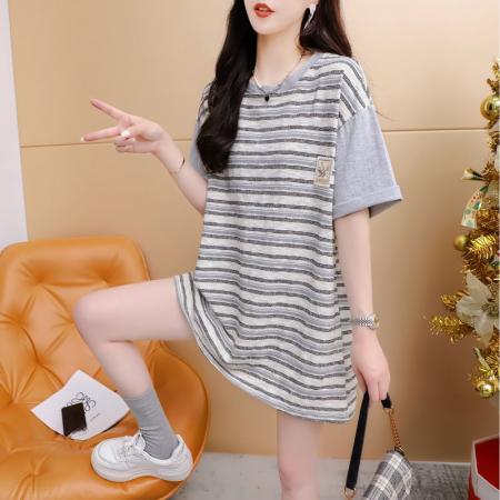 BY11860# 夏季原版质量大码条纹撞色拼接短袖T恤女 服裝批發女裝批發服飾貨源