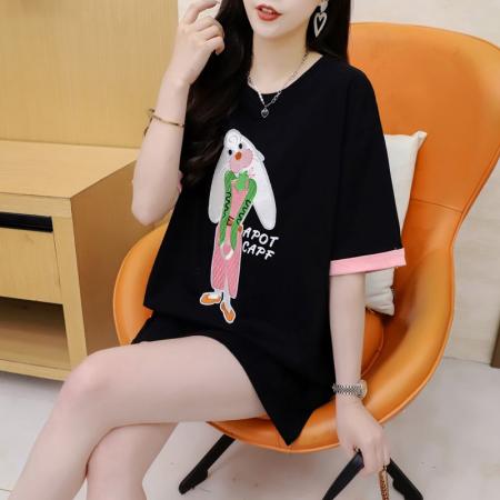 BY11861# 夏季纯棉大码刺绣拼色短袖T恤女 服裝批發女裝批發服飾貨源