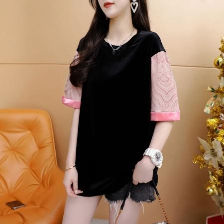 BY11862# 夏季原版质量大码新中式拼色提花短袖T恤女 服裝批發女裝批發服飾貨源
