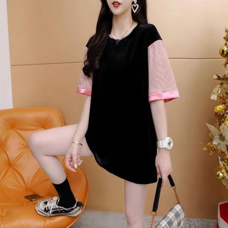 BY11862# 夏季原版质量大码新中式拼色提花短袖T恤女 服裝批發女裝批發服飾貨源