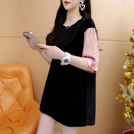 BY11862# 夏季原版质量大码新中式拼色提花短袖T恤女 服裝批發女裝批發服飾貨源