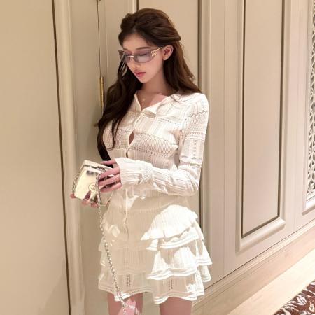 BY11864# 维斯镂花镂空系列针织开衫外套仙女设计感蛋糕短裙套装女 服裝批發女裝批發服飾貨源