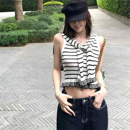 BY11865# 私服条纹派针织衫女秋V领开衫外套背心两件套 服裝批發女裝批發服飾貨源