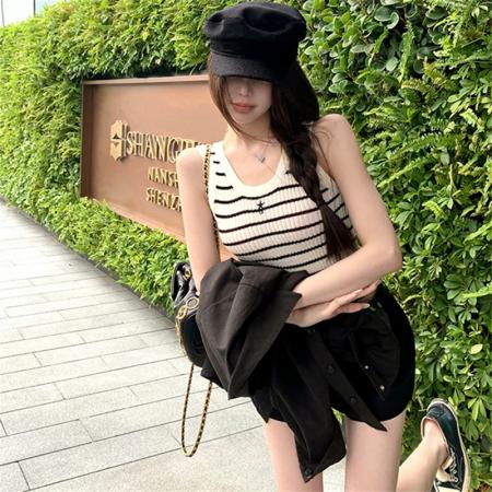 BY11865# 私服条纹派针织衫女秋V领开衫外套背心两件套 服裝批發女裝批發服飾貨源