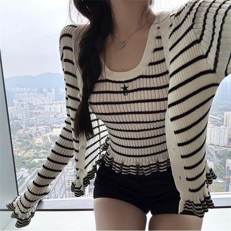 BY11865# 私服条纹派针织衫女秋V领开衫外套背心两件套 服裝批發女裝批發服飾貨源