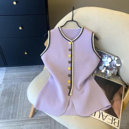 BY11868# 上外穿坎肩上衣叠穿春气质简约轻奢编织撞色单排扣马甲 服裝批發女裝批發服飾貨源