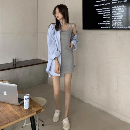 BY11870# 两件套装韩风女春夏季学生宽松POLO条纹衬衫+灰色吊带连衣裙潮流 服裝批發女裝批發服飾貨源