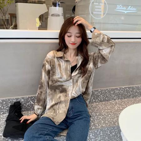 BY11871# 春季女网红复古水墨印花衬衫女学生港风设计感小众长袖T恤衬衣潮 服裝批發女裝批發服飾貨源