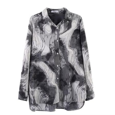 BY11871# 春季女网红复古水墨印花衬衫女学生港风设计感小众长袖T恤衬衣潮 服裝批發女裝批發服飾貨源