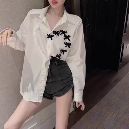 BY11872# 白色长袖衬衫女装春秋季设计感小众衬衣新款法式气质别致上衣 服裝批發女裝批發服飾貨源