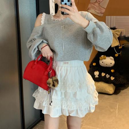 BY11873# 时尚两件套蕾丝拼接卫衣春秋款甜美好看a字高腰短裙套装 服裝批發女裝批發服飾貨源