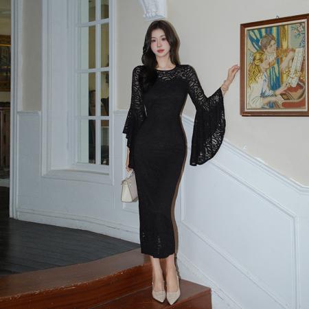 BY11879# 名媛纯欲性感蕾丝圆领喇叭袖收腰包臀连衣裙 服裝批發女裝批發服飾貨源