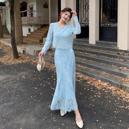 BY11880# 春季法式高级感女人味重工钉珠衬衫长裙套装 服裝批發女裝批發服飾貨源