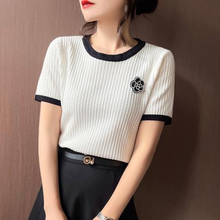 BY11881# 轻奢小香风夏新款山茶花钉珠装饰薄款冰丝针织上衣短袖T恤女 服裝批發女裝批發服飾貨源