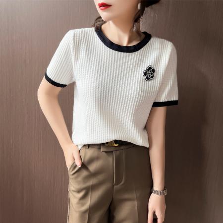 BY11881# 轻奢小香风夏新款山茶花钉珠装饰薄款冰丝针织上衣短袖T恤女 服裝批發女裝批發服飾貨源