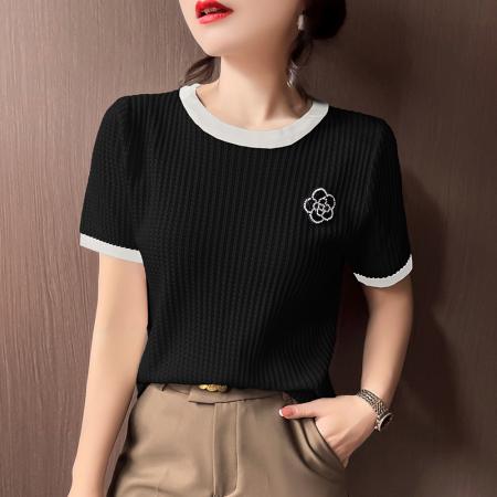 BY11881# 轻奢小香风夏新款山茶花钉珠装饰薄款冰丝针织上衣短袖T恤女 服裝批發女裝批發服飾貨源